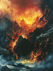 Craft a panoramic scene that showcases the juxtaposition of destruction and creation found in volcanic landscapes Use striking colors and intricate details to emphasize the raw power and stunning beau - obrazy, fototapety, plakaty
