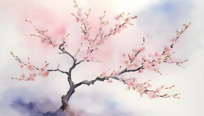 Delicate Watercolor Painting Of A Blooming Cherry