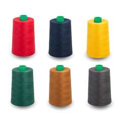 Spool thread collection. Various colors threads isolated. Rubber thread green plastic spool....