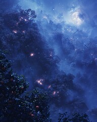 Fototapeta na wymiar Design a captivating image of a mystical orchard with enchanting fruits glowing in the moonlight, conveying a sense of wonder and magic for a fantasy advertising campaign