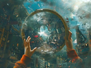 Design a striking image of a person holding a mirror reflecting a chaotic urban scene filled with symbols of societal problems Illustrate the connection between art, self-reflection, and the role of i - obrazy, fototapety, plakaty