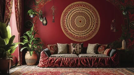 Deurstickers a stunning mandala pattern on a deep burgundy wall, offering an elegant touch to the room with a matching sofa. © Ibraheem