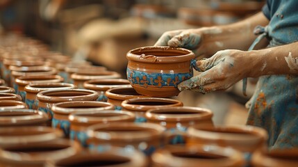 Highlight the skillful techniques of pottery-making with a worms-eye view that accentuates the intricate details and textures of the handcrafted clay Emphasize the artistry behind each piece