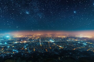 The surreal fusion of city lights and a starry night in a panoramic view