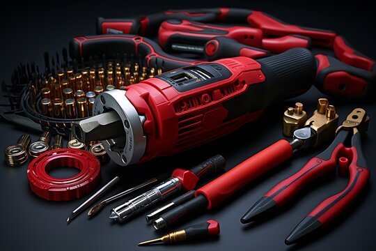 Red screwdriver with various tools on black background. 3d illustration
