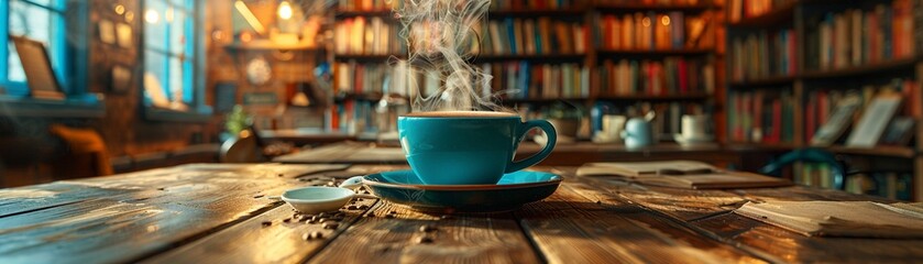 Immerse viewers in the world of literary cafes with a close-up shot capturing the essence of cozy book-filled corners and steaming cups of coffee, inviting them to savor the atmosphere - obrazy, fototapety, plakaty