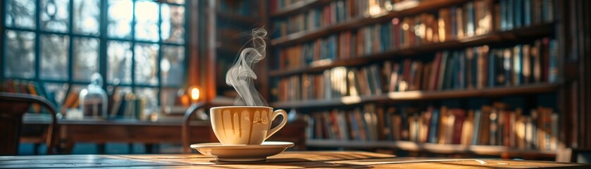 Immerse viewers in the world of literary cafes with a close-up shot capturing the essence of cozy book-filled corners and steaming cups of coffee, inviting them to savor the atmosphere - obrazy, fototapety, plakaty