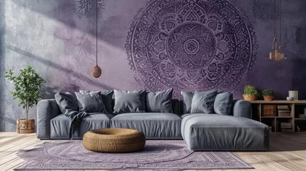 Sierkussen a stunning mandala pattern on a soft lavender gray wall, offering an elegant touch to the room with a matching sofa. © Ibraheem