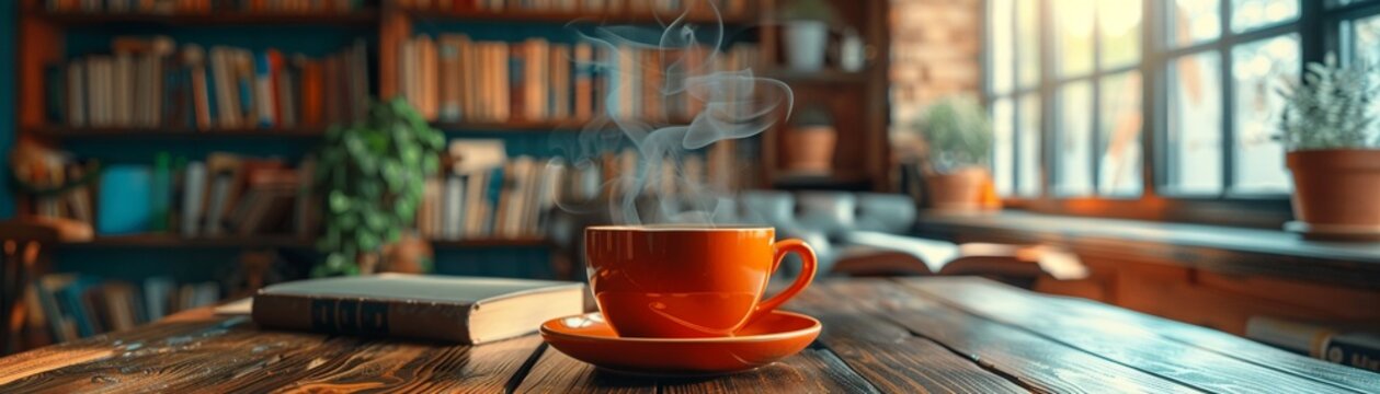 Immerse viewers in the world of literary cafes with a close-up shot capturing the essence of cozy book-filled corners and steaming cups of coffee, inviting them to savor the atmosphere