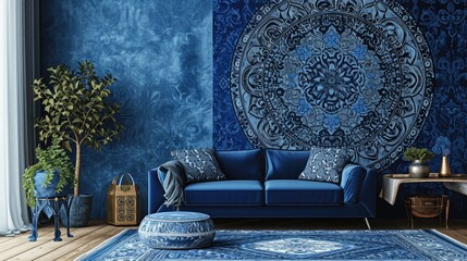 a stunning mandala pattern on a cobalt blue wall, offering an elegant touch to the room with a matching sofa.