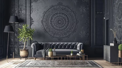 Foto op Canvas a stunning mandala pattern on a charcoal gray wall, offering an elegant touch to the room with a matching sofa. © Ibraheem