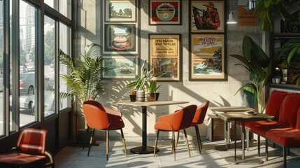 A stylish caf?(C) interior with black frame mockups displaying vintage travel posters.