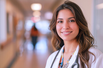 Fototapeta premium Hispanic female doctor in medical uniform smile, healthcare and medicine