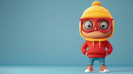3D rendering of a cute cartoon character wearing a red hoodie, yellow beanie, and glasses. - Powered by Adobe