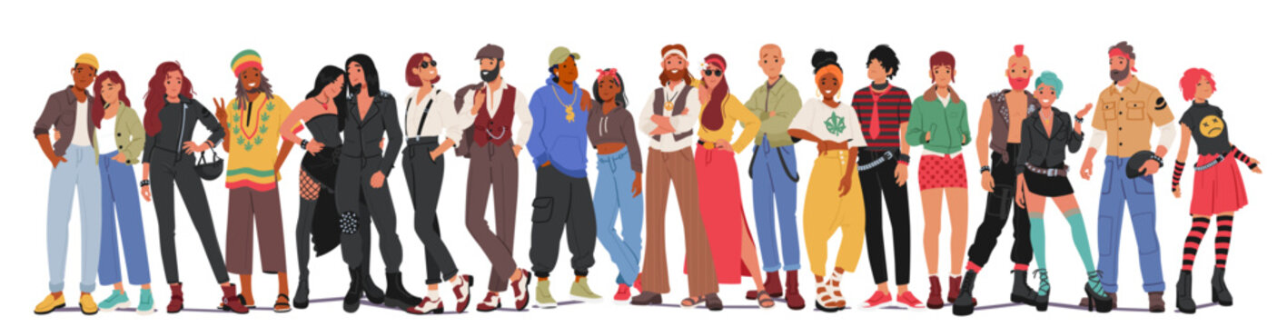 Different Subculture People. Hipster, Punk, Hippie, Goth and Emo, Dandy Skinhead, Biker, Rastaman Reggae with Hip Hopper