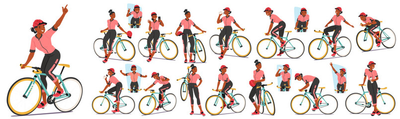 Sportswoman Cyclist Engages In Rigorous Training, Focusing On Endurance, Strength And Speed. Participate In Races - obrazy, fototapety, plakaty
