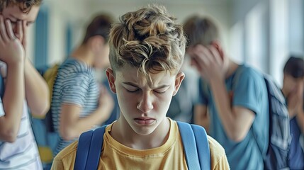 Bully. stressed unhappy. male student bullying in school - obrazy, fototapety, plakaty