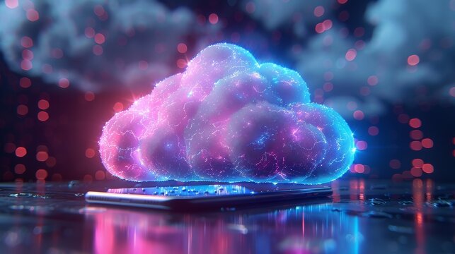 Backup day world cloud technology smartphone cloud hovers above a liquidfilled cell phone on a table, creating a surreal blend of purple, pink, violet, and magenta colors resembling the sky
