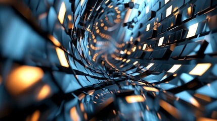 Abstract 3D rendering of a futuristic tunnel. The tunnel is made up of blue and black geometric shapes, and it is lit by bright orange lights.