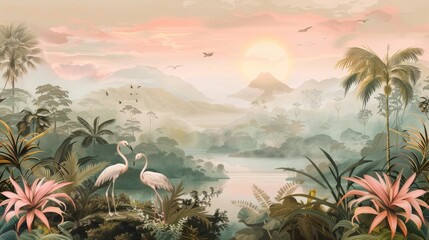 Tropical Exotic Landscape Wallpaper. storks in the forest. Hand Drawn Design. Luxury Wall Mural. 