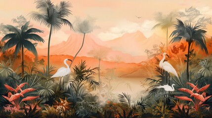 Tropical background. Exotic Landscape Wallpaper. Hand Drawn Design. Luxury Wall Mural. Sunset jungle, Birds and Trees.