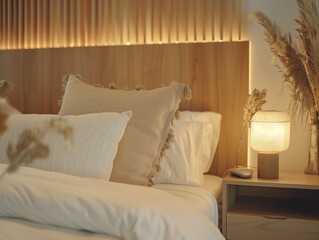 Cozy bedroom interior, nightstand with lamp and home plant near bed. Close up shot of bed headboard with pillows and bedside table. Apartment in scandinavian style