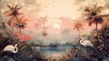 Tropical Exotic Landscape Wallpaper. Hand Drawn Design. Luxury Wall Mural 
