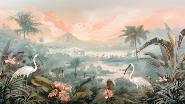 Tropical Landscape Wallpaper. storks in the forest. Hand Drawn Design. Luxury Wall Mural. 