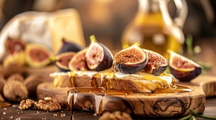 a slice of bread with figs, cheese, honey and walnuts for as a dessert or a snack, nice presentation on a wooden cheese board