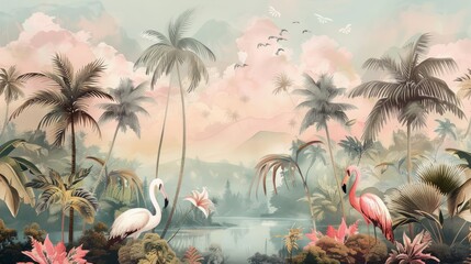 Tropical Exotic Landscape Wallpaper. Hand Drawn Design. Luxury Wall Mural	

