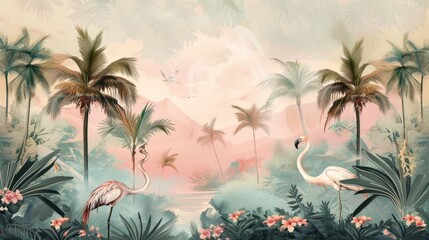 Fototapeta na wymiar Tropical Exotic Landscape Wallpaper. Hand Drawn Design. storks in the forest. Luxury Wall Mural