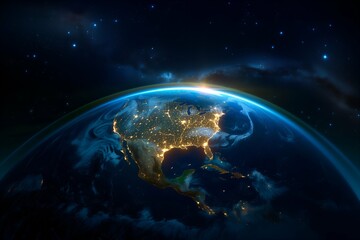 Earth with atmosphere in starry space, view of North America and United States at night