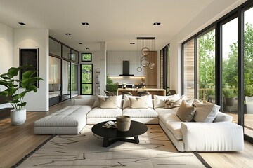 Fototapeta premium Interior mockup with house background. Modern interior design. 3D render