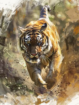 Tiger painting of elegance in action in forest. wallpaper on canvas