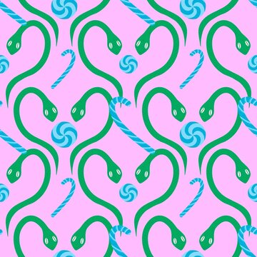 Christmas cartoon animals seamless snake pattern for new 2025 year wrapping paper and fabrics