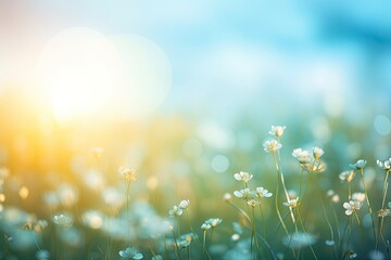 Fototapeta na wymiar Earth day concept: Abstract blur beautiful soft green bokeh light meadow and blue sky on autumn sunrise background - generative ai