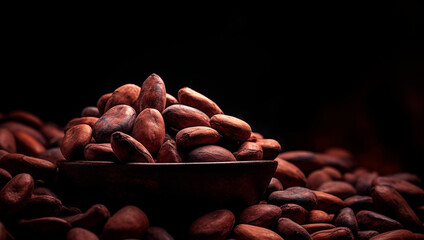 Dried cocoa beans heap, black background with copy space