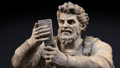 Statue of a man enjoying playing  on an ancient gaming device, symbolizing joy and  entertainment