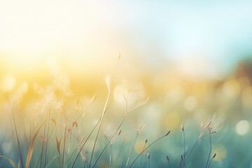 Earth day concept: Abstract blur beautiful soft green bokeh light meadow and blue sky on autumn sunrise background - generative ai - obrazy, fototapety, plakaty