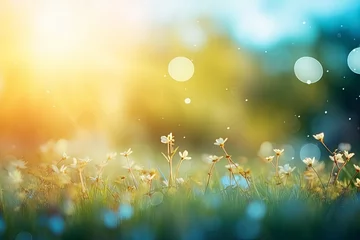 Foto op Plexiglas Earth day concept: Abstract blur beautiful soft green bokeh light meadow and blue sky on autumn sunrise background - generative ai © Nia™