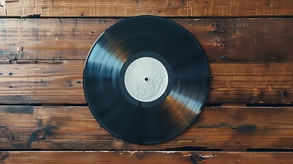 Black vinyl record on a wooden background. The record is in the center of the image and is surrounded by a dark wood grain.