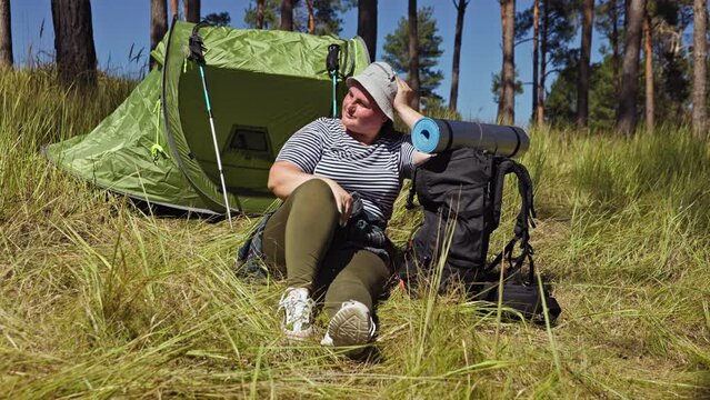 Hiking Haven Plus Size Woman Comfortable Break by the Tent in Nature Lap