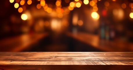 Old wooden table in dark blurred bar background. Copy space - 766654338