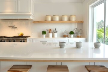 Fototapeta na wymiar A clean white kitchen with wooden stools. Generative AI.
