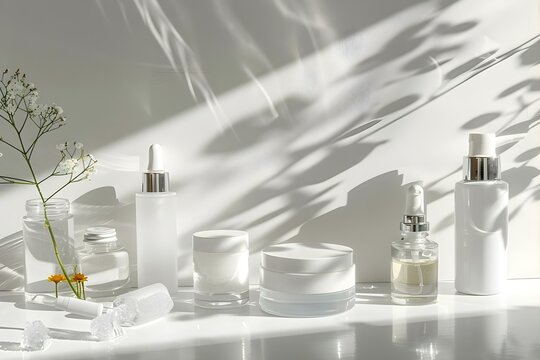 Closeup of various unbranded skincare products like ice roller lotion gel serum cream and sun damage repair jar. Concept Product Closeups, Skincare Routine, Beauty Essentials, Skin Care Ingredients