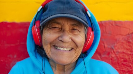 Portrait of a hipster woman listening to music against a colorful background