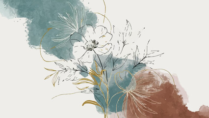 A captivating minimalist line art piece, masterfully blending charcoal shading, delicate gesso strokes, and a subtle pour of teal and terracotta watercolors. The elegant design showcases cosmo flowers - obrazy, fototapety, plakaty