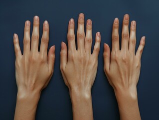 Three hands are shown in a row on a blue background. Generative AI.