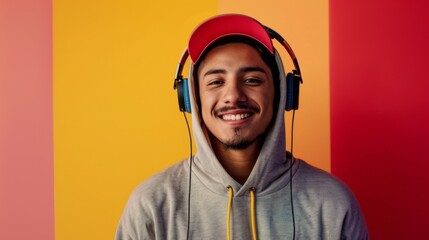 Portrait of a hipster man listening to music against a colorful background