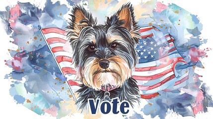Vote cute biewer terrier dog watercolor art with USA  - obrazy, fototapety, plakaty